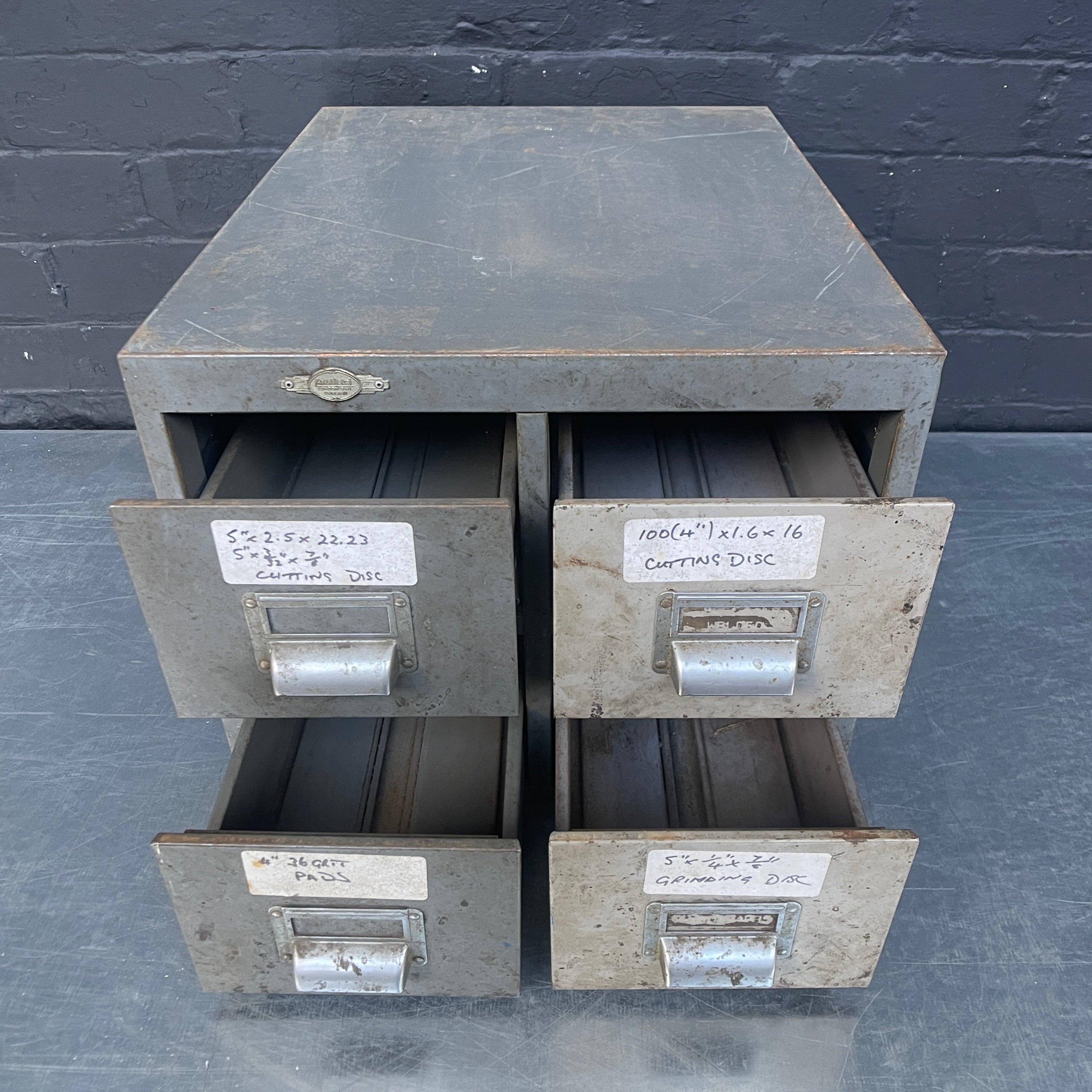 Industrial powerhouse props prop rental hire vintage movie film set dec drawer drawers metal steel cabinet index card grey