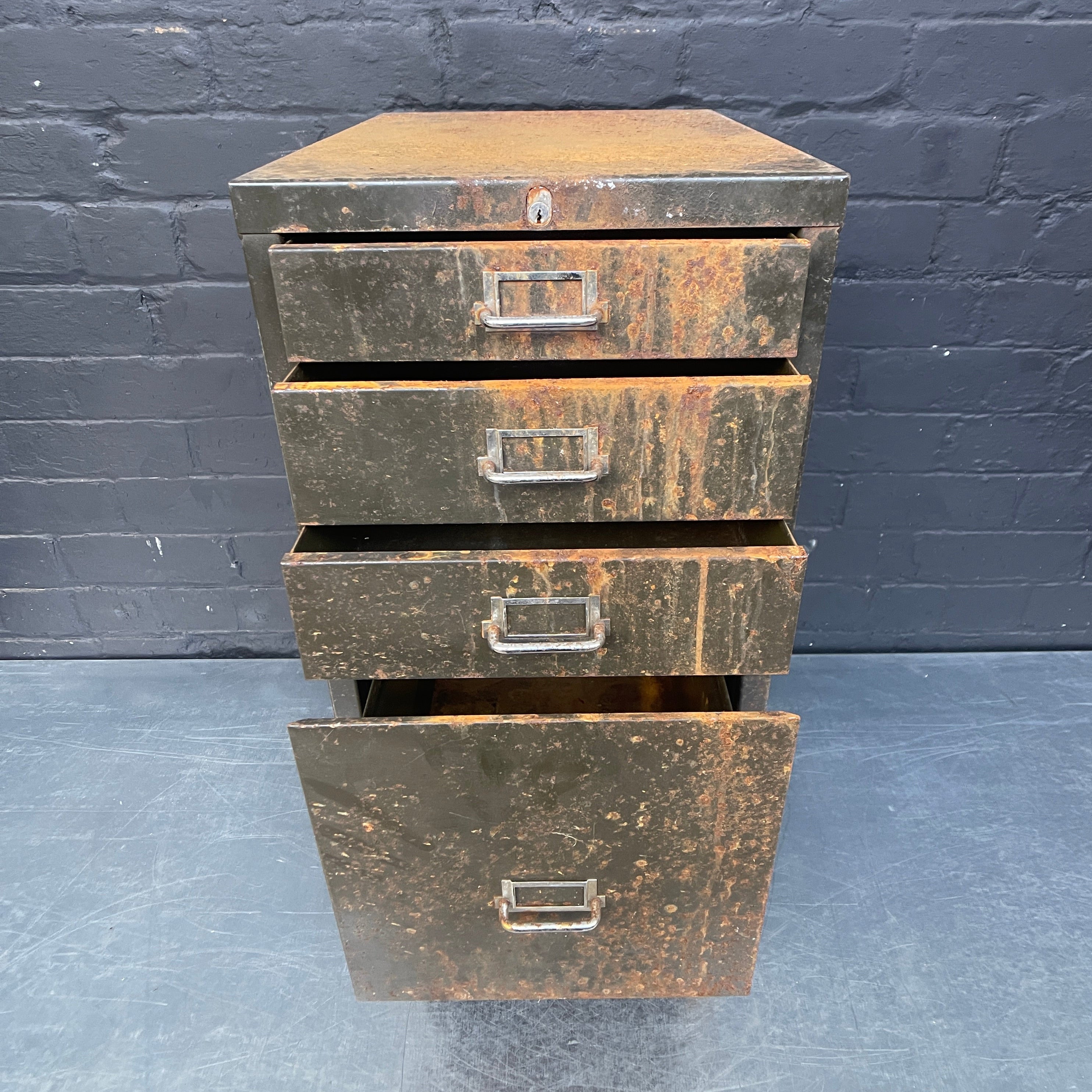 Industrial powerhouse props prop rental hire vintage movie film set dec eight drawers drawers filing index green cabinet rusty