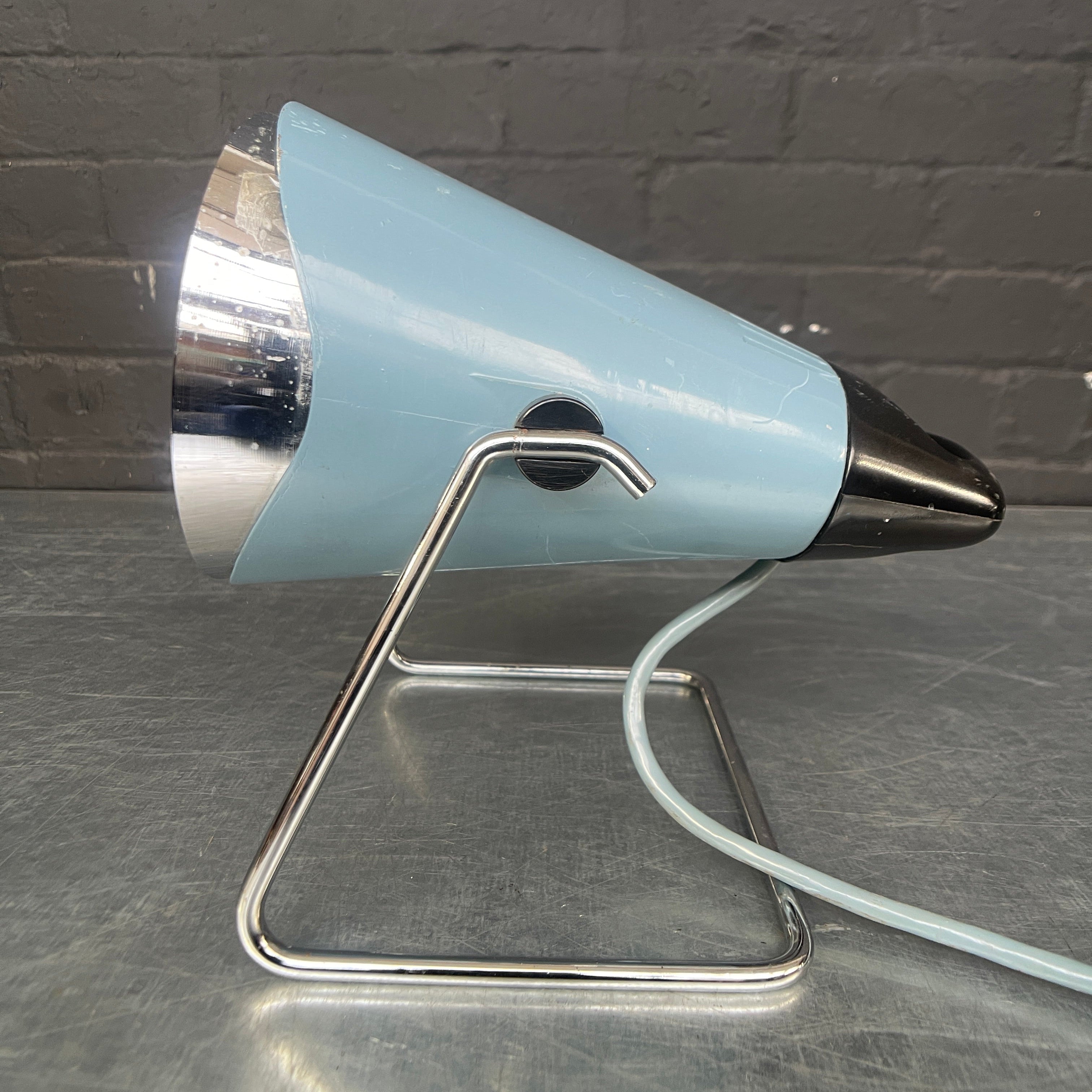 Industrial powerhouse props prop rental hire vintage movie film set dec light lighting blue desk table lamp philips chrome