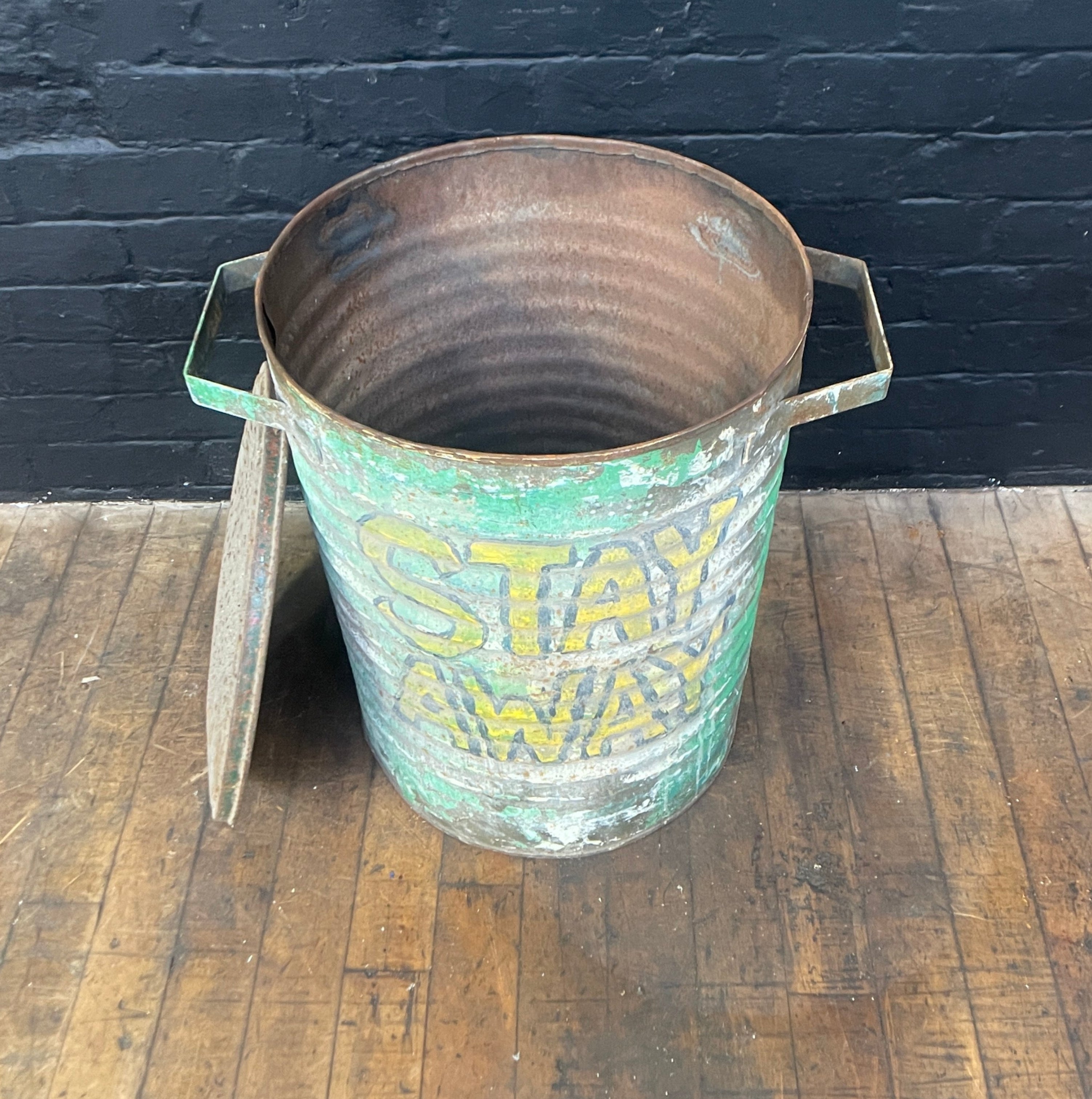 Industrial powerhouse props prop rental hire vintage movie film set dec stay away bin drum lid green