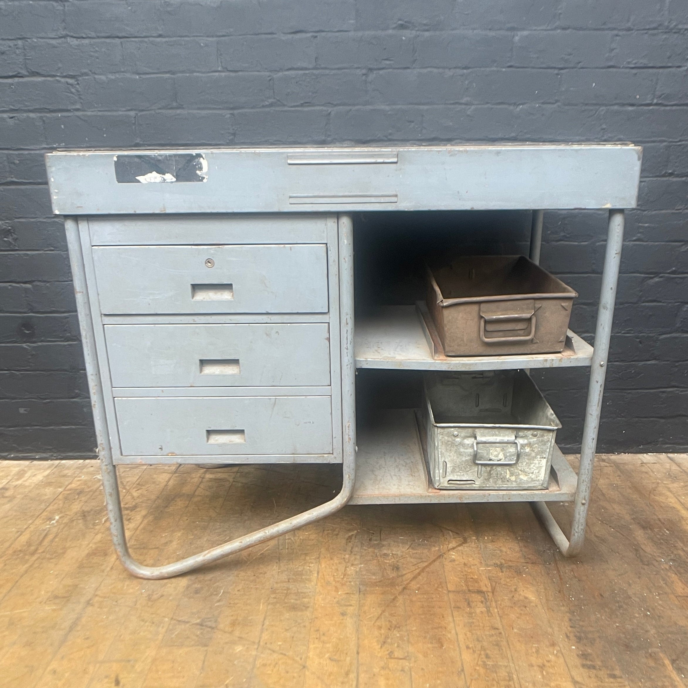 Industrial powerhouse props prop rental hire vintage movie film set dec steel workbench table engineers workstation desk heavy duty