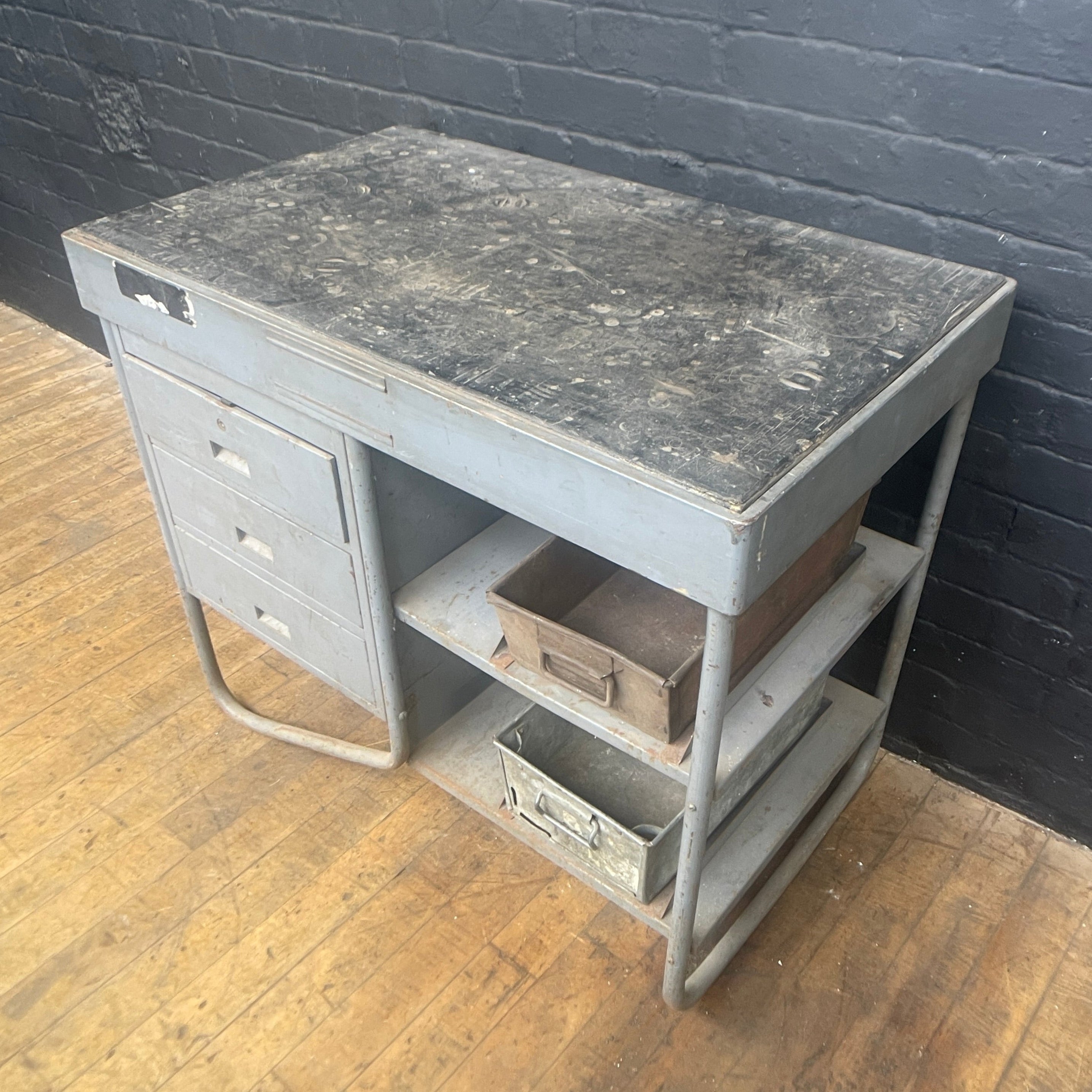 Industrial powerhouse props prop rental hire vintage movie film set dec steel workbench table engineers workstation desk heavy duty 9