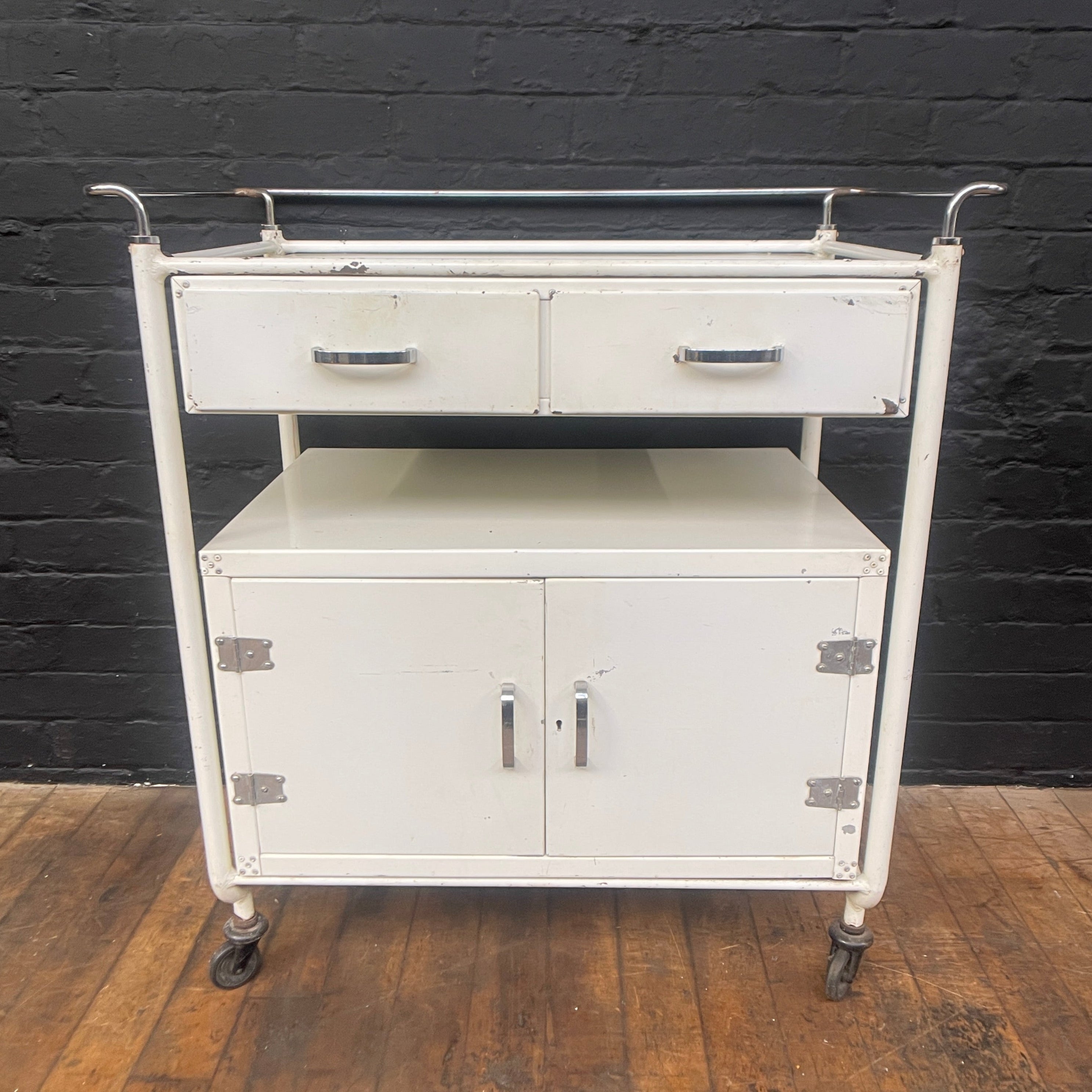 Industrial powerhouse props prop rental hire vintage movie film set dec white medical trolley cabinet drawers doors