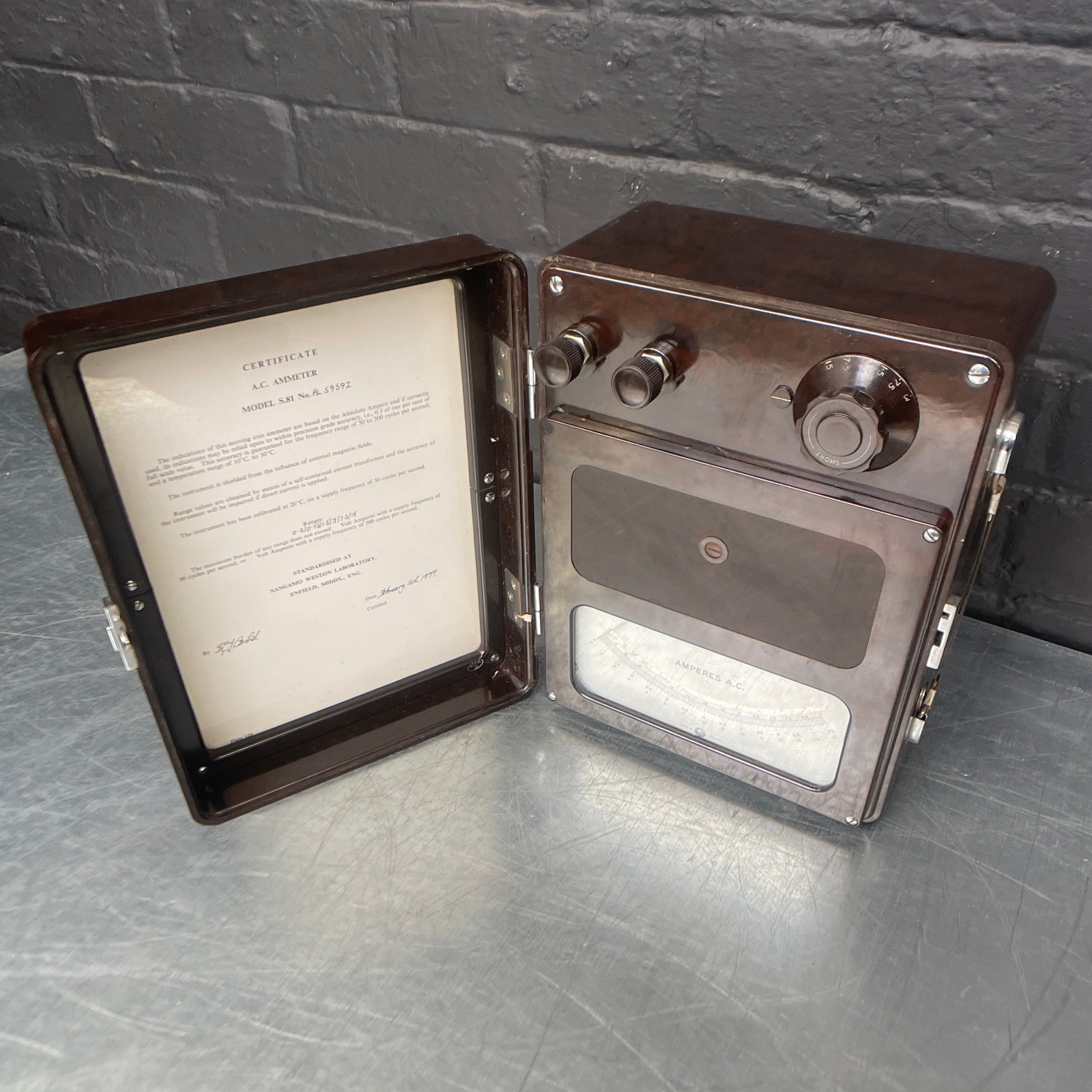 amperes test ammeter tester electrical brown Industrial powerhouse props prop rental hire vintage movie film set dec 1