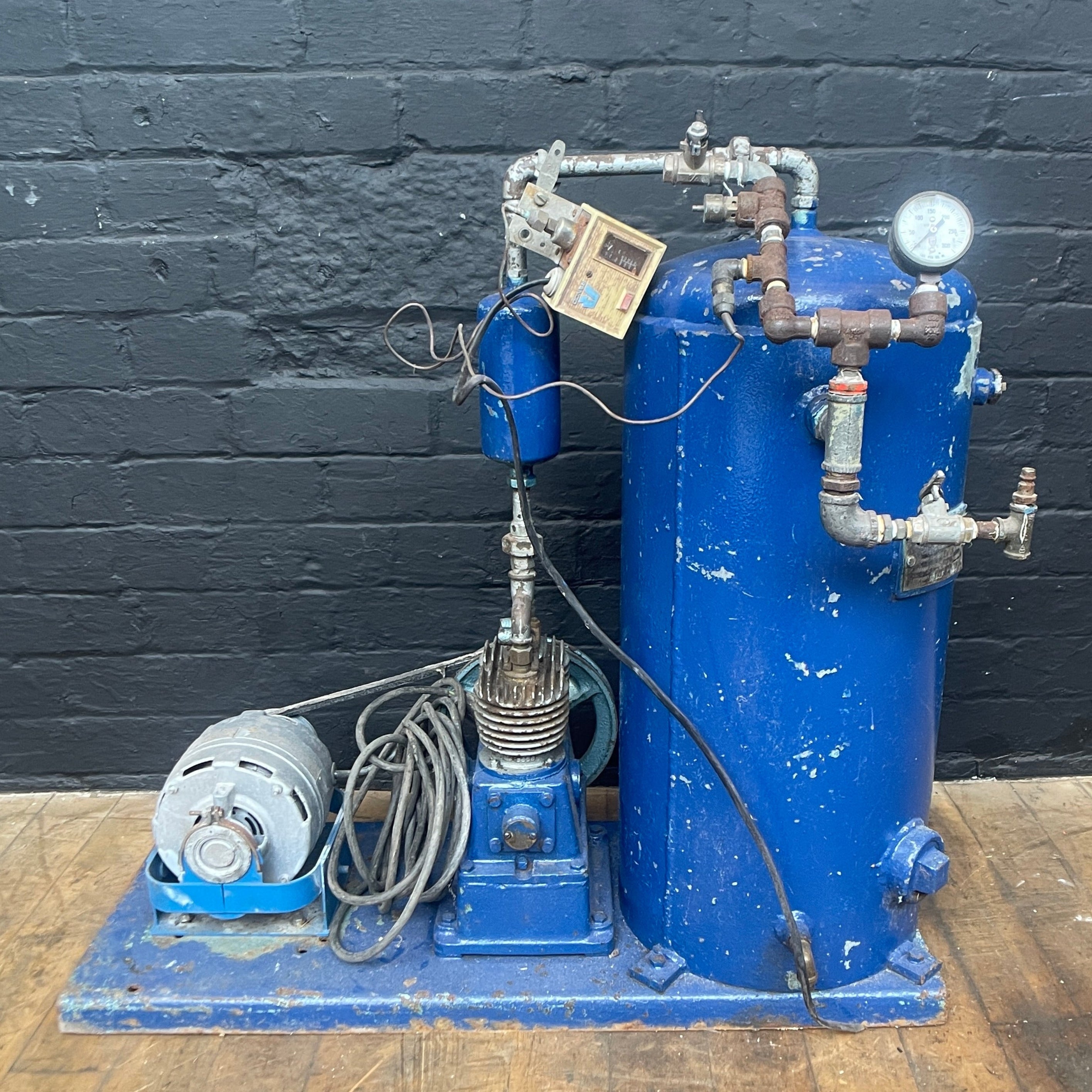 blue industrial compressor machine Industrial powerhouse props prop rental hire vintage movie film set dec 2