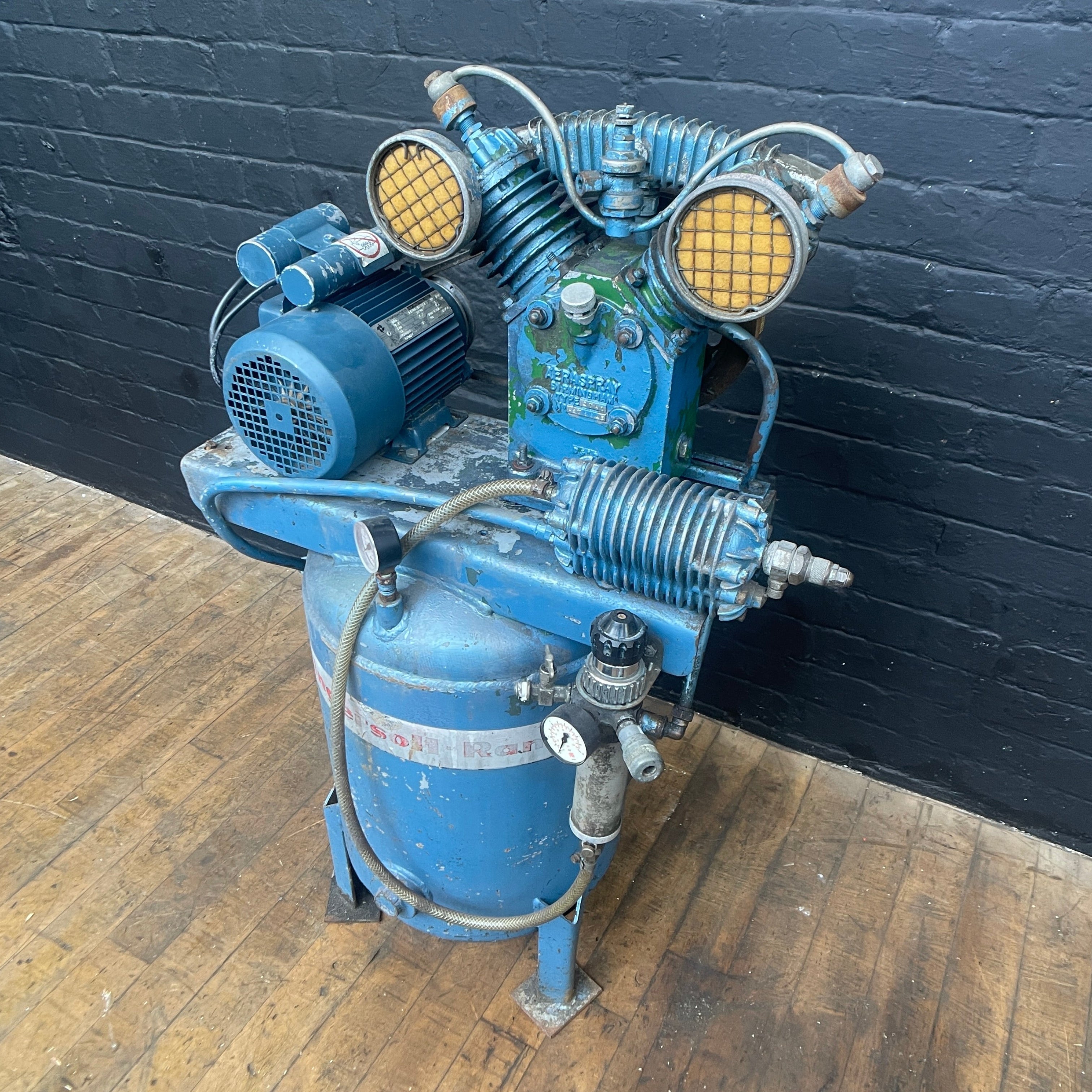 blue industrial compressor machine Industrial powerhouse props prop rental hire vintage movie film set dec 5