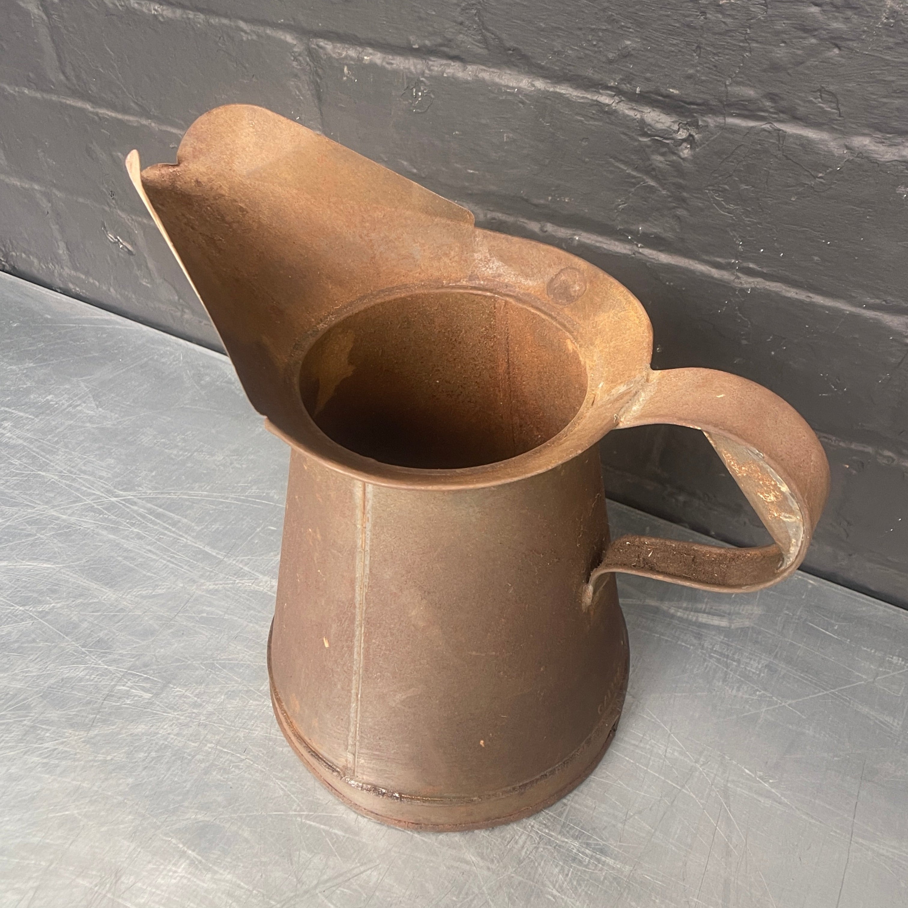 brown grey jug tin oil can steel metal Industrial powerhouse props prop rental hire vintage movie film set dec 1