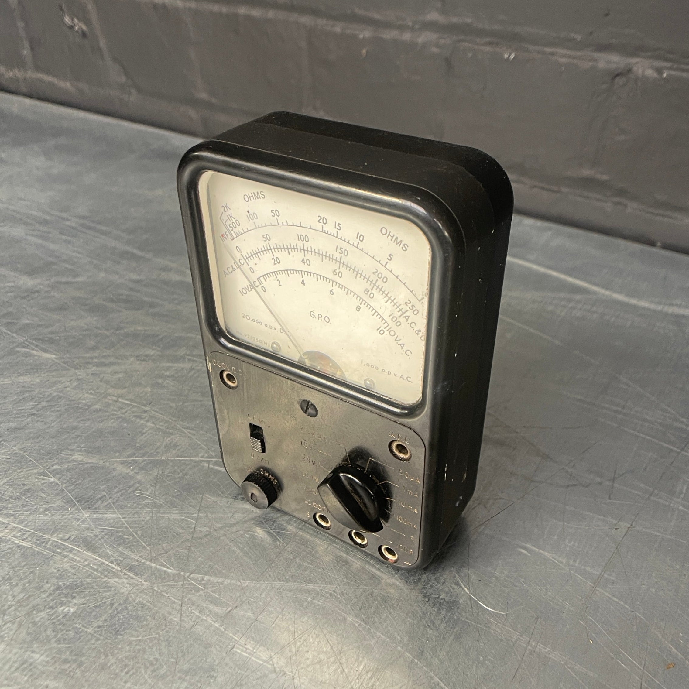 electrical OHMS meter tester scientific Industrial powerhouse props prop rental hire vintage movie film set dec black 1