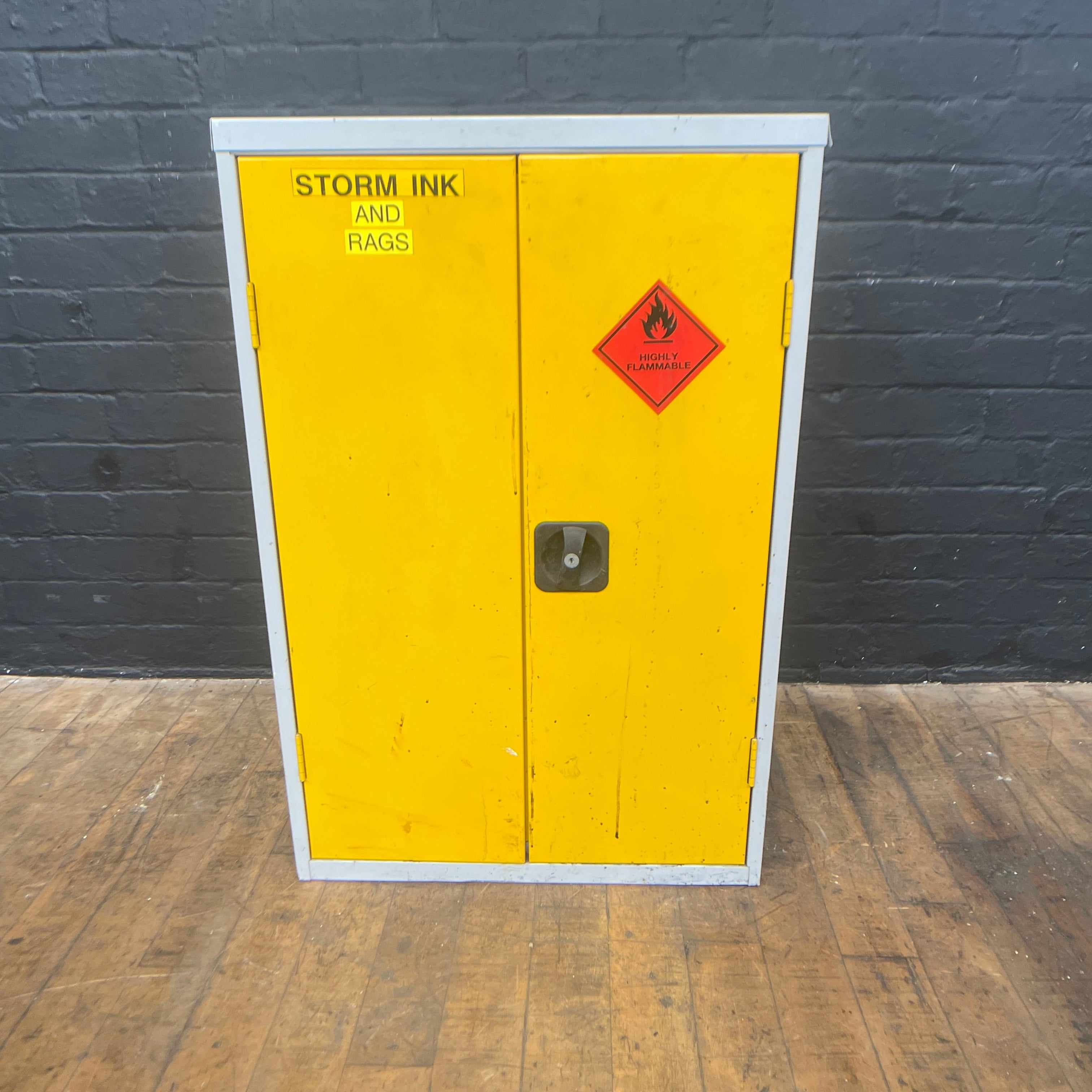hazardous cabinet COSHH steel safety yellow Industrial powerhouse props prop rental hire vintage movie film set dec 6