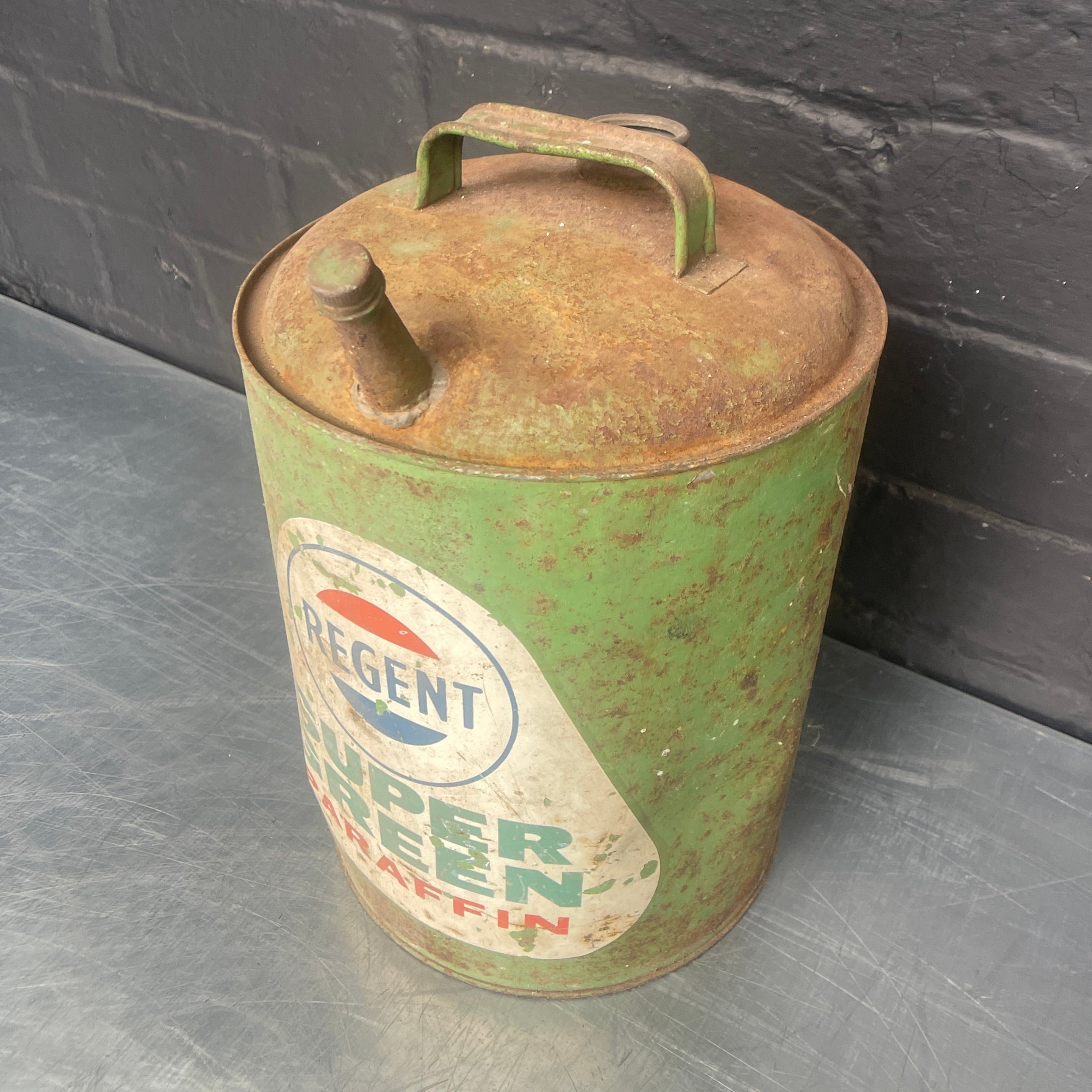 metal steel paraffin can tin green Industrial powerhouse props prop rental hire vintage movie film set dec 1