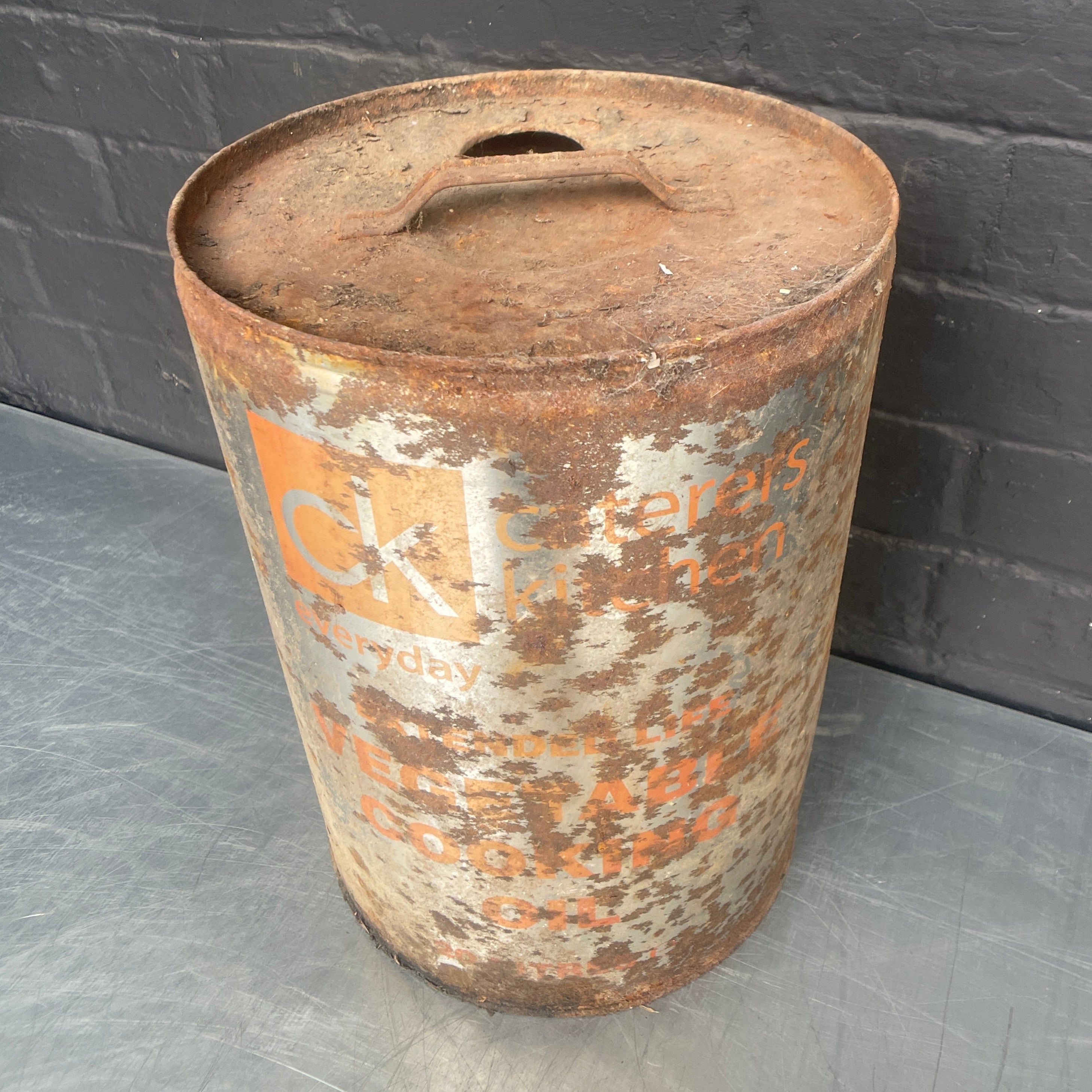 veg vegetable oil can steel metal Industrial powerhouse props prop rental hire vintage movie film set dec 1