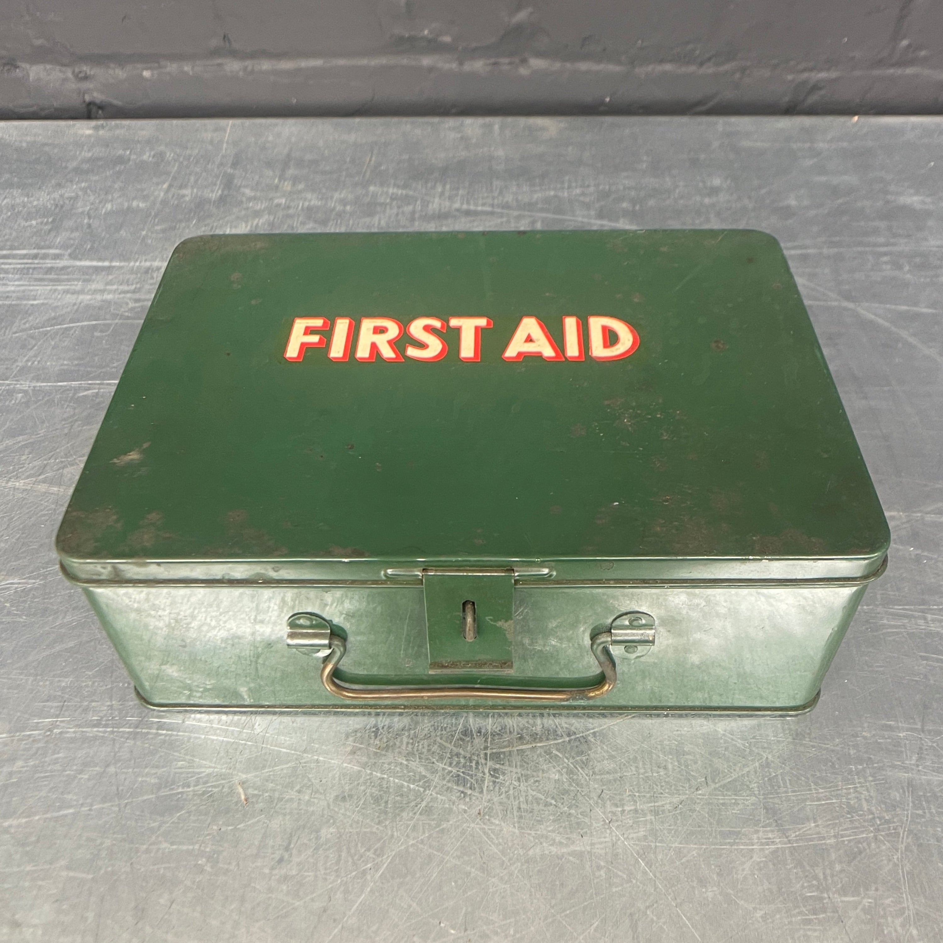 Industrial powerhouse props prop rental hire vintage movie film set dec first aid tin box green