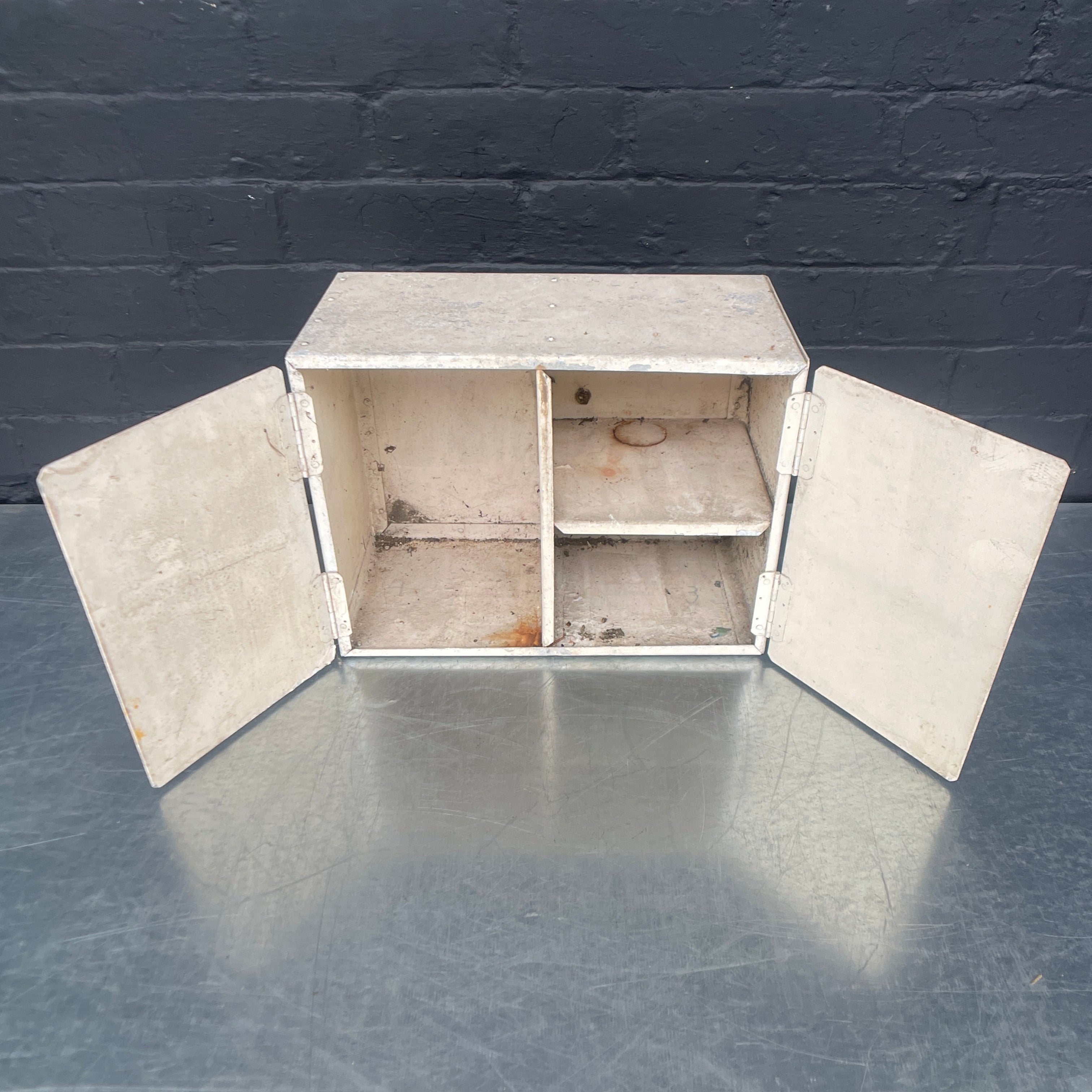 Industrial powerhouse props prop rental hire vintage movie film set dec medical cabinet cupboard first aid metal white