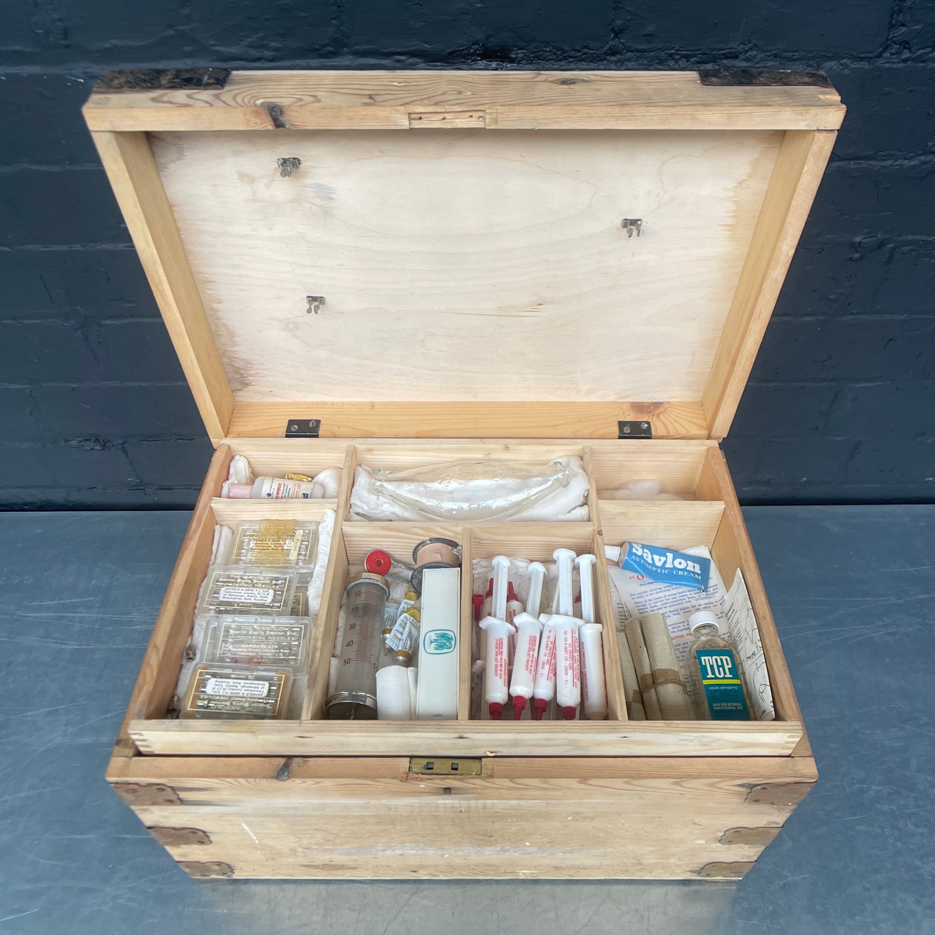 Industrial powerhouse props prop rental hire vintage movie film set dec medical kit box case wooden