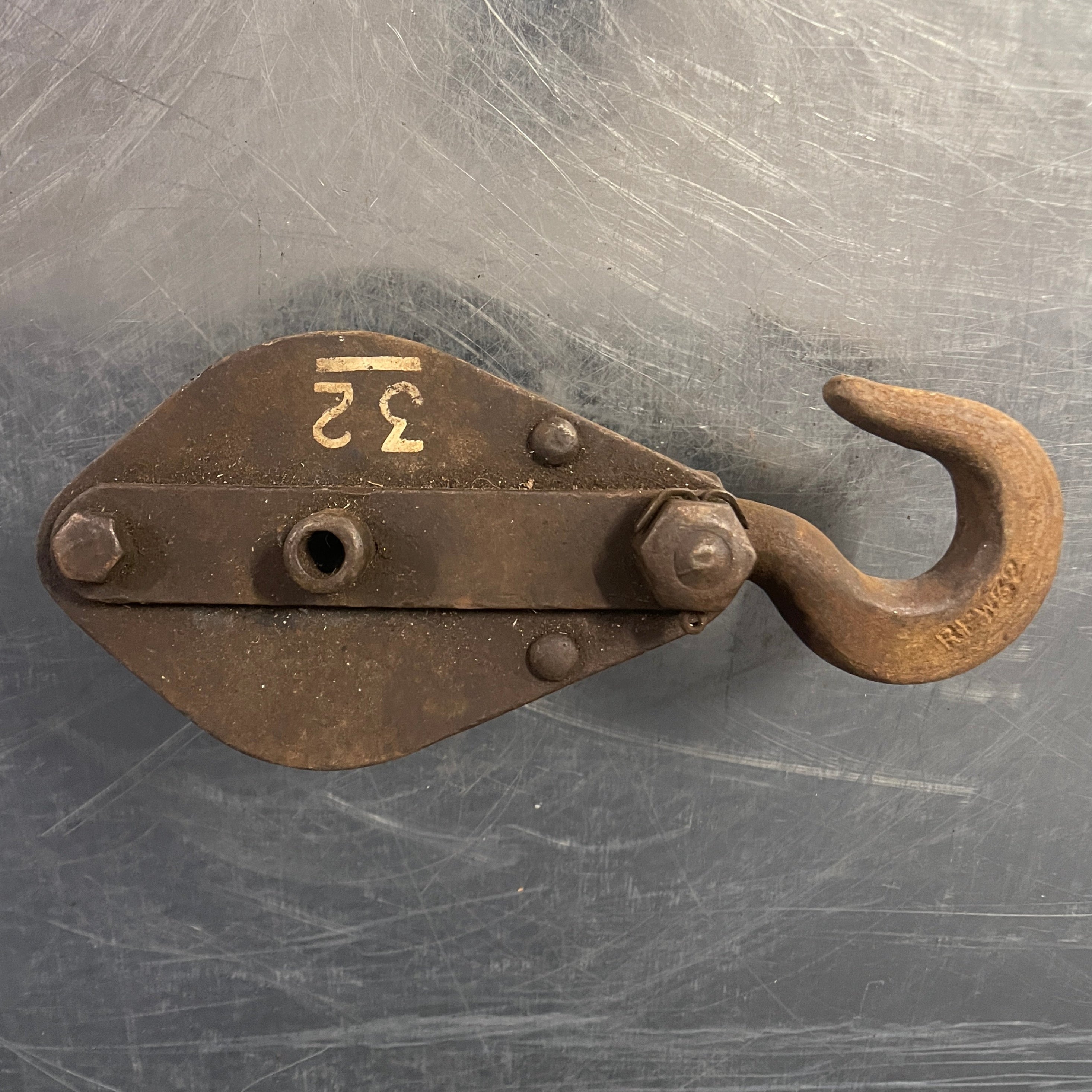 Industrial powerhouse props prop rental hire vintage movie film set dec pulley double wheel hook rusty