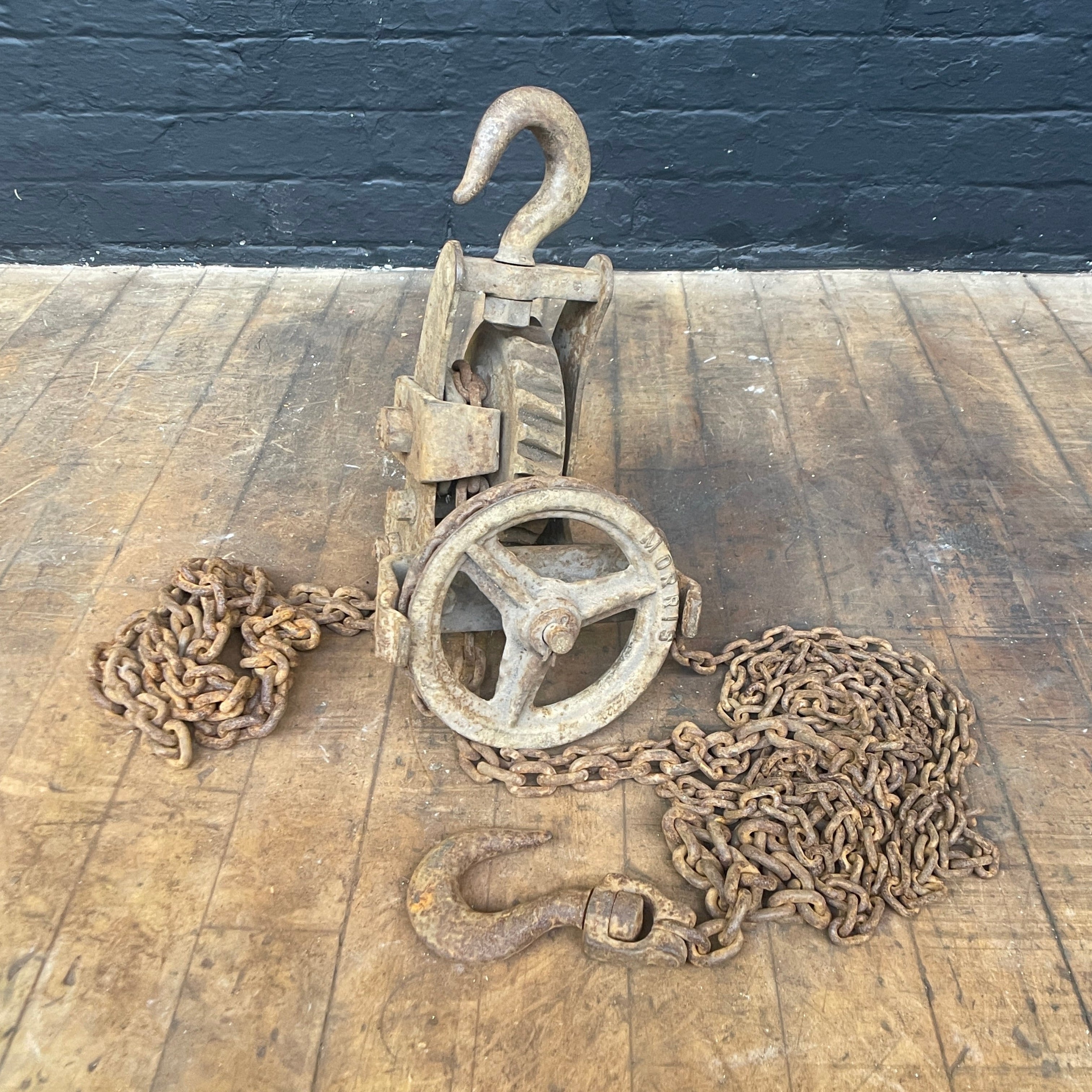 Industrial powerhouse props prop rental hire vintage movie film set dec rusty chain winch hook