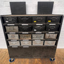 Industrial powerhouse props prop rental hire vintage tv movie film set dec blach shelving tin storage unit