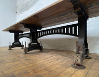 Powerhouse props vintage industrial victorian cast iron legs table large wood wooden top rental hire movie film
