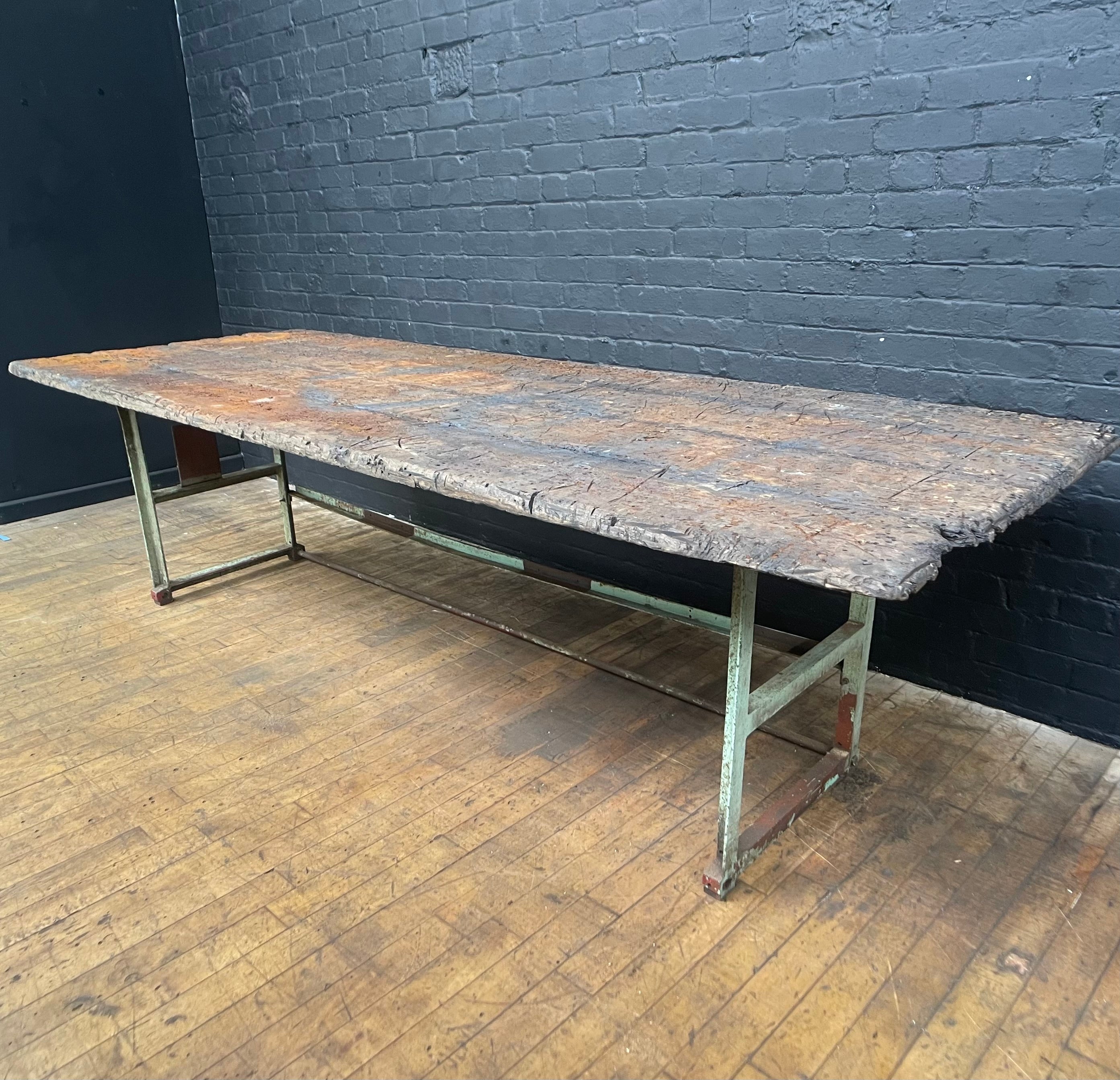 Powerhouse props vintage industrial wood wooden table top steel legs rusty movie film rental hire