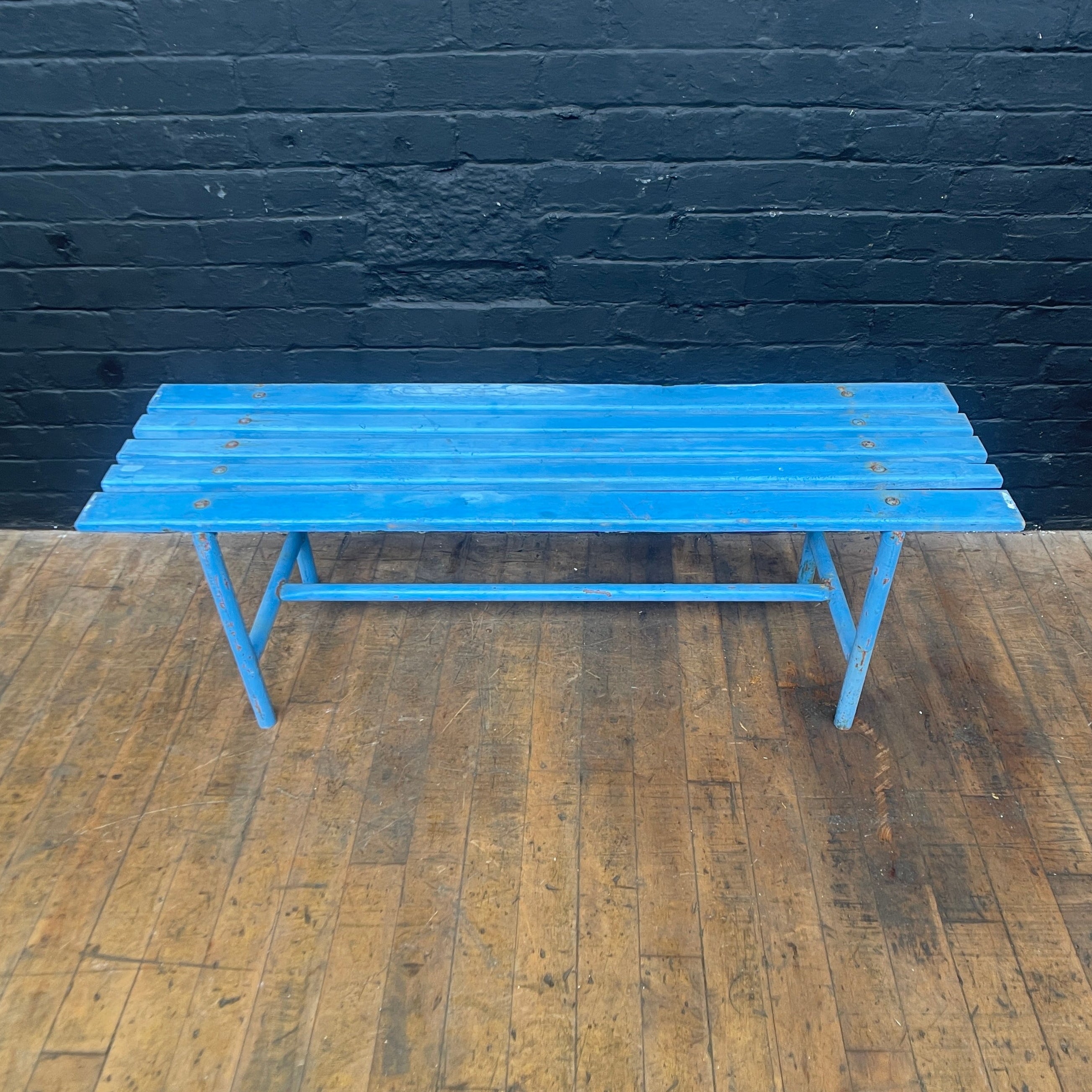 blue bench seat seating Industrial powerhouse props prop rental hire vintage movie film set dec 2
