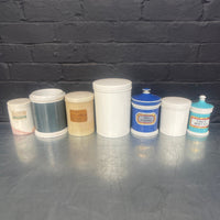 ceramic apothecary pots bottles containers chemist Industrial powerhouse props prop rental hire vintage movie film set dec