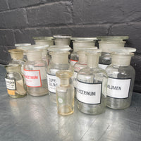 clear old vintage apothecary bottles chemist Industrial powerhouse props prop rental hire vintage movie film set dec 2
