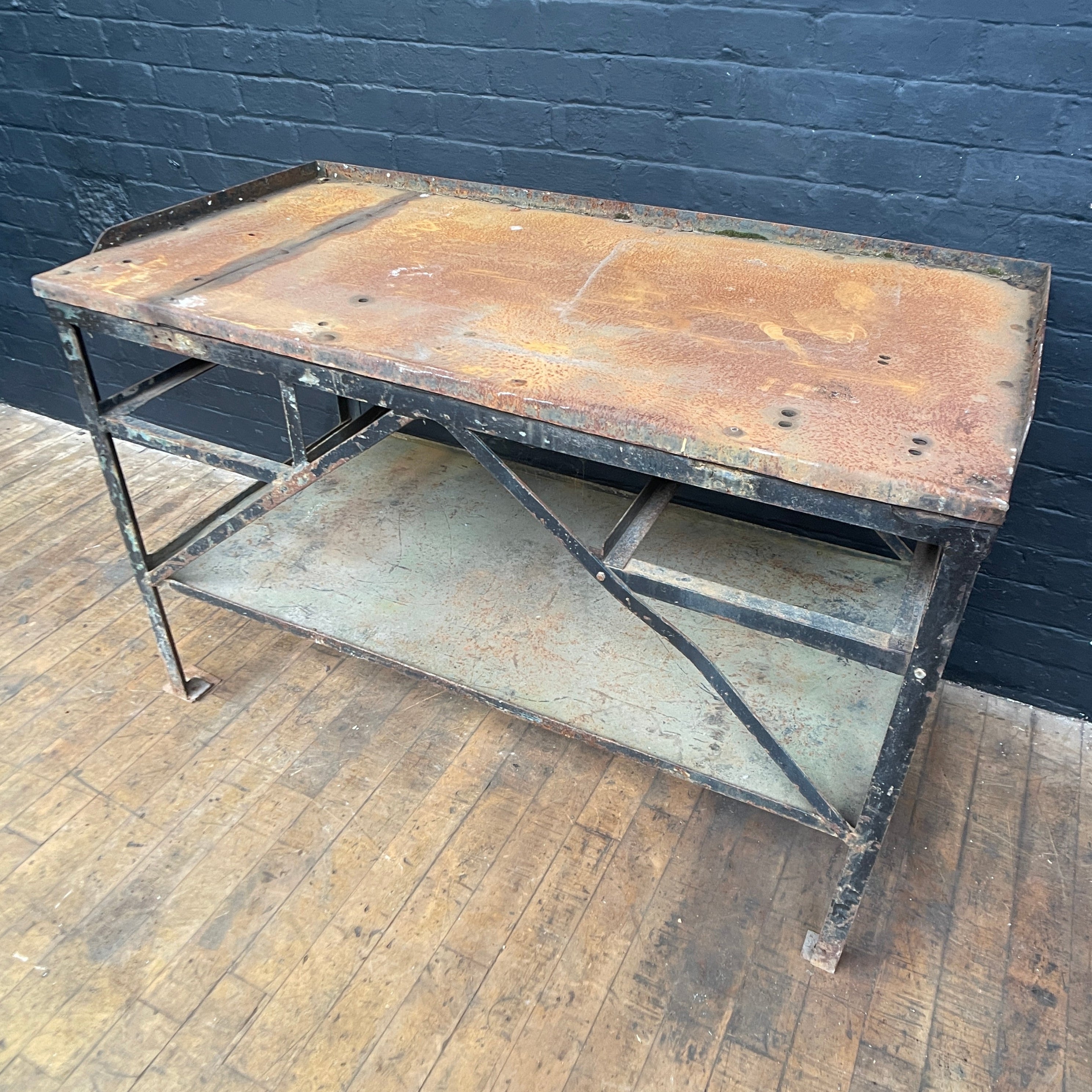 industrial table workbench steel Industrial powerhouse props prop rental hire vintage movie film set dec 2