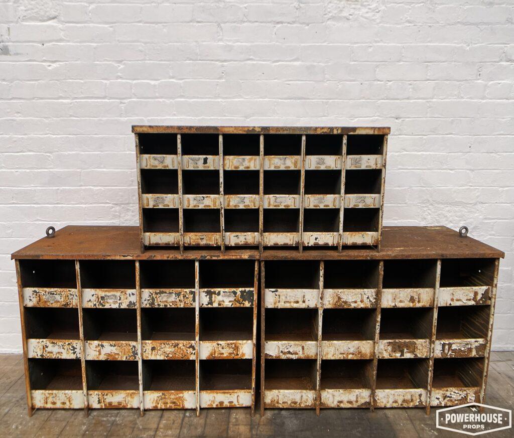 Powerhouse props prop hire rental industrial shelving cabinets pigeon holes