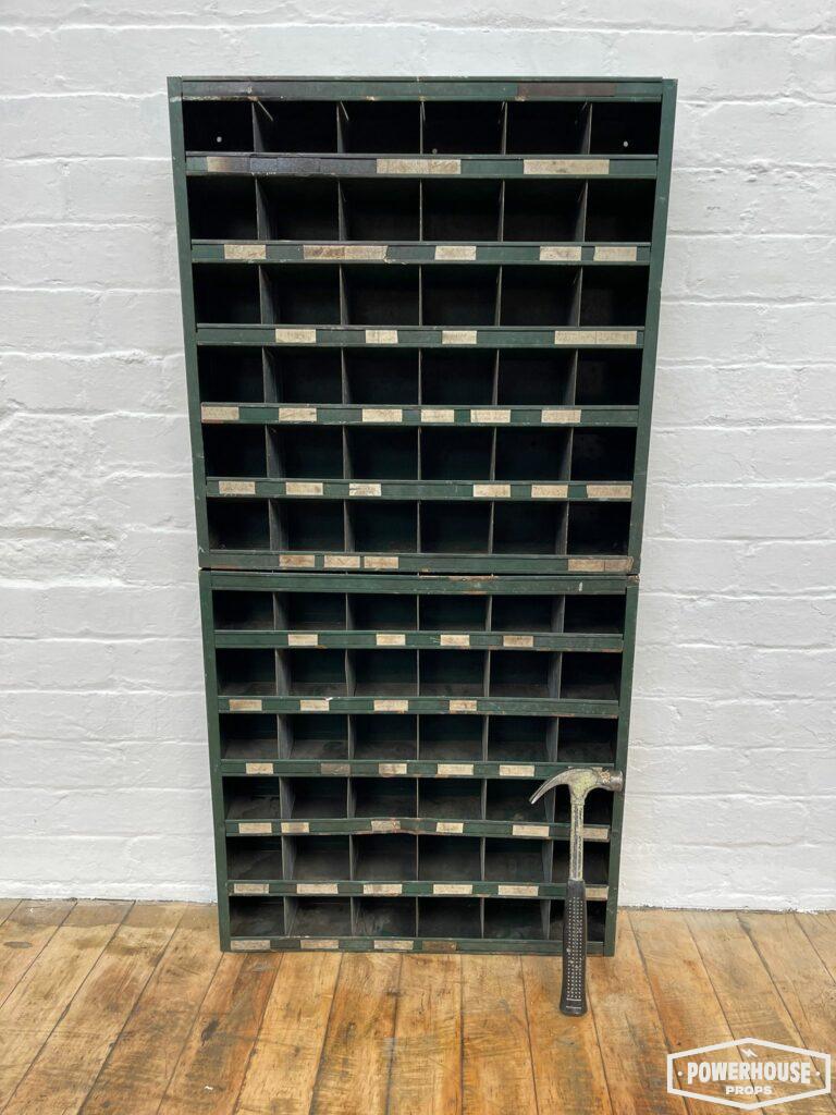 Powerhouse props prop hire rental industrial shelving cabinets pigeon holes
