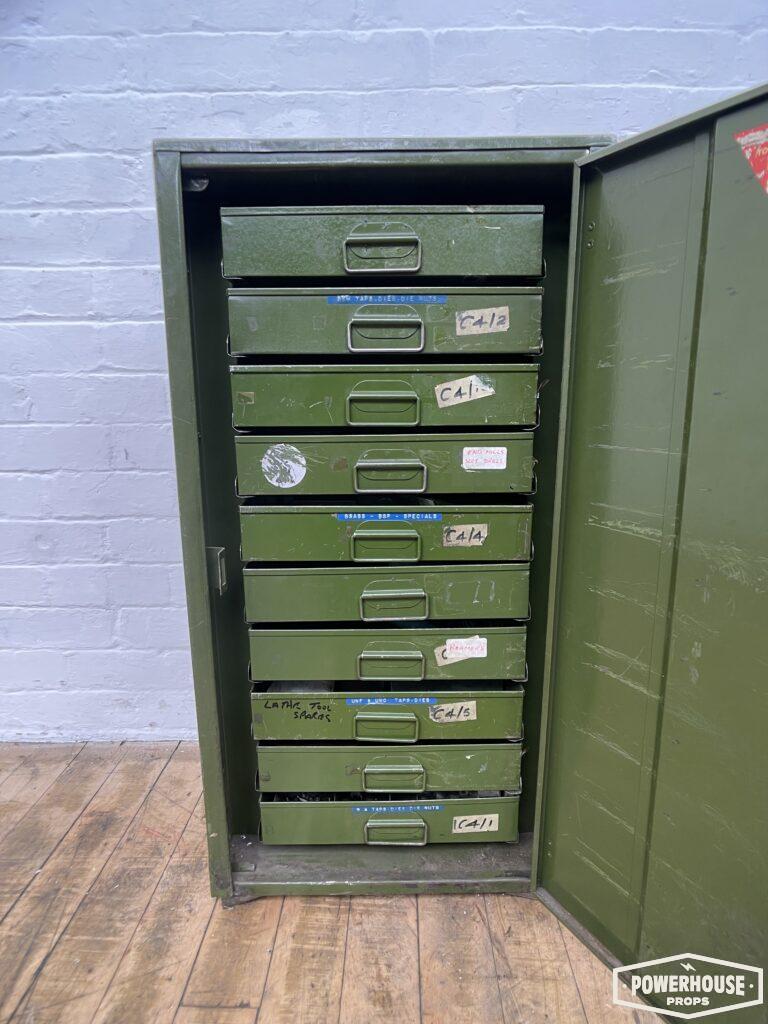 Powerhouse props prop hire rental industrial green tool workshop cabinet drawers
