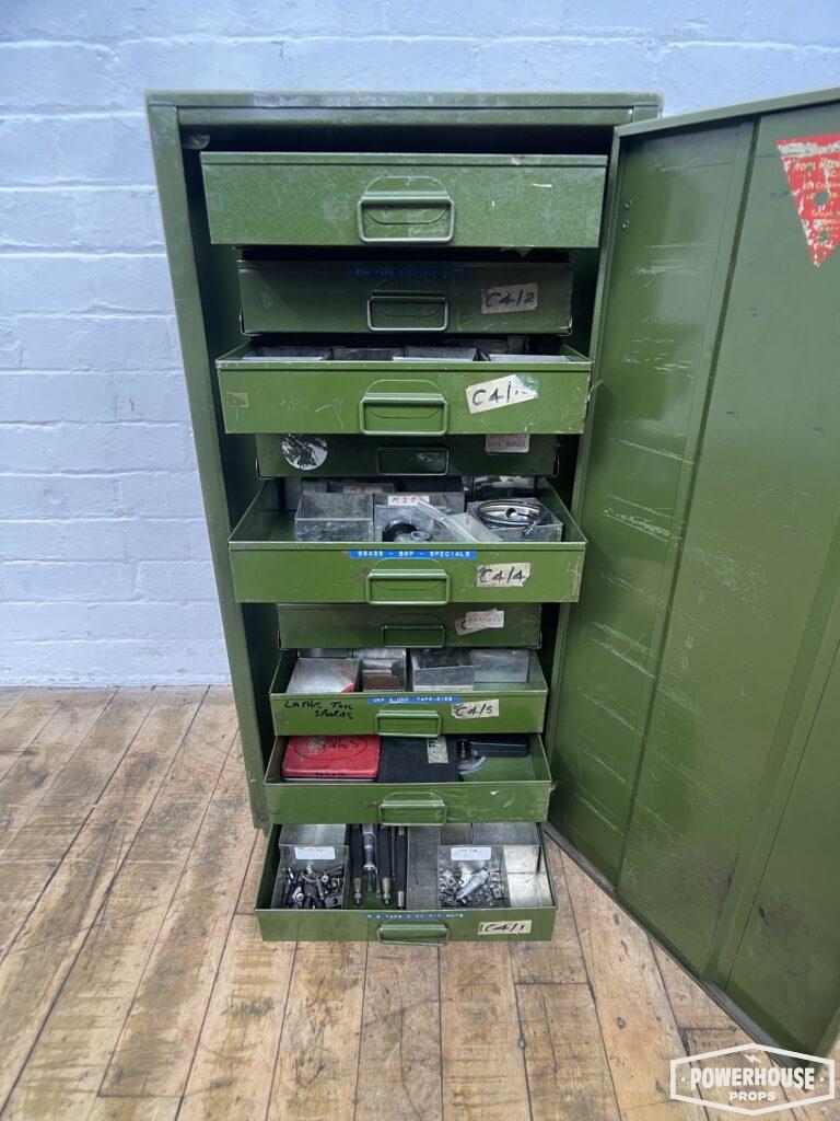 Powerhouse props industrial green tool workshop cabinet drawers machinist storage