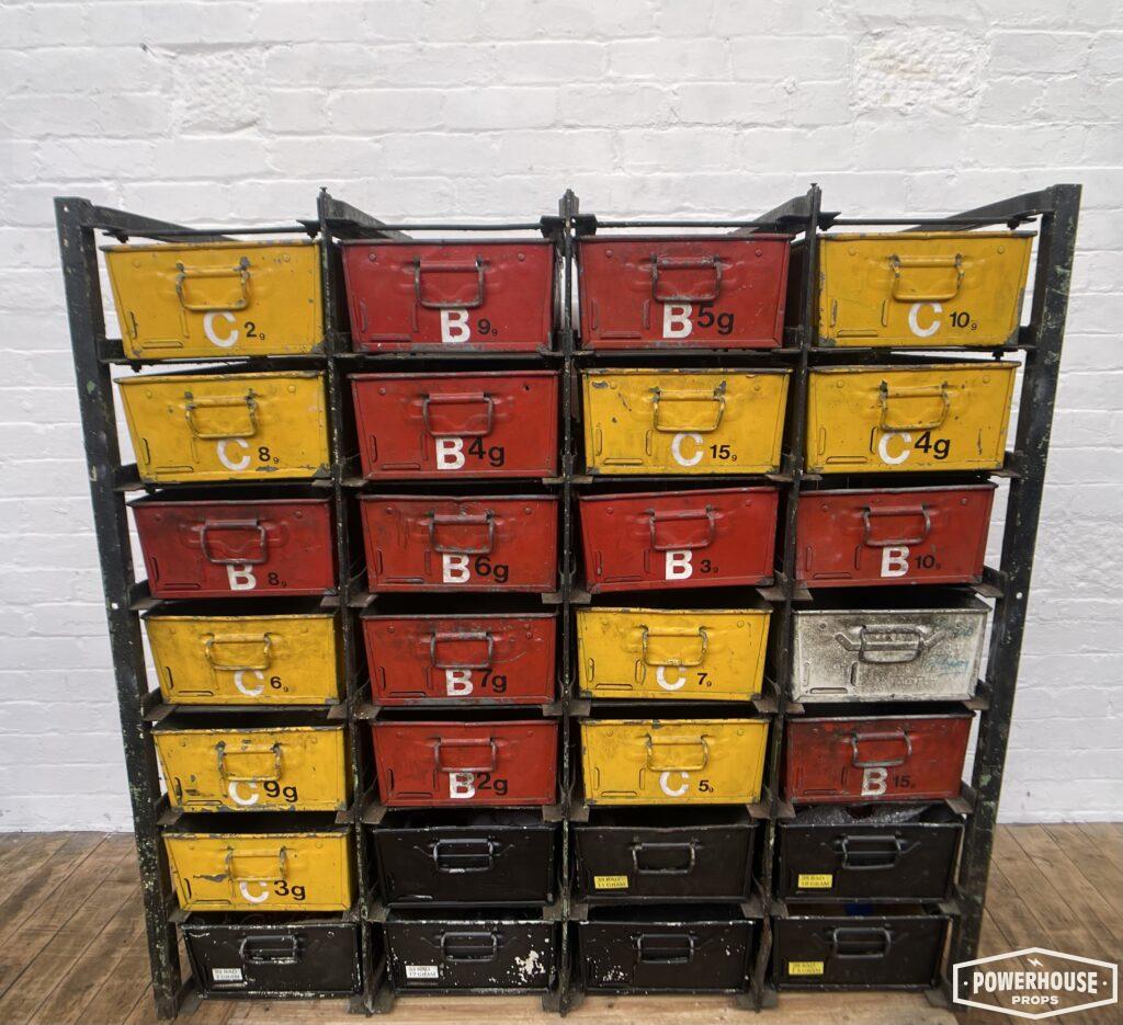 Powerhouse props industrial tote bins tins storage boxes rack racking