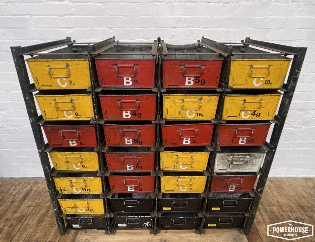 Powerhouse props industrial tote bins tins storage boxes rack racking
