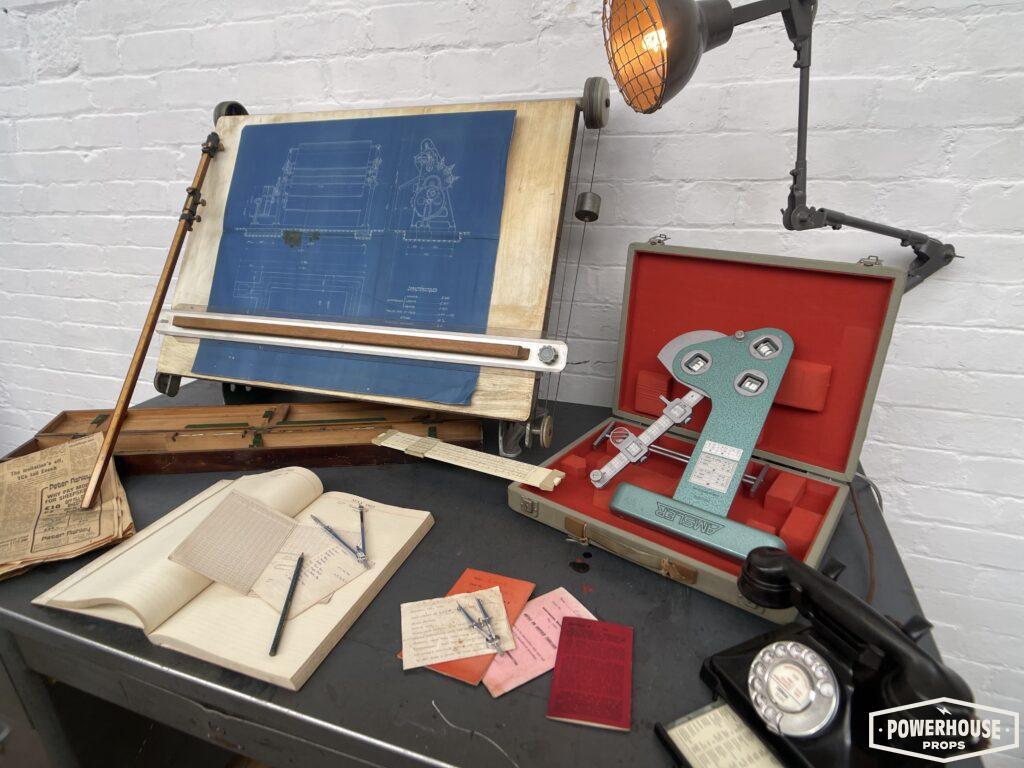 Powerhouse props vintage industrial drawing equipment draftsman technical blueprint desk setup