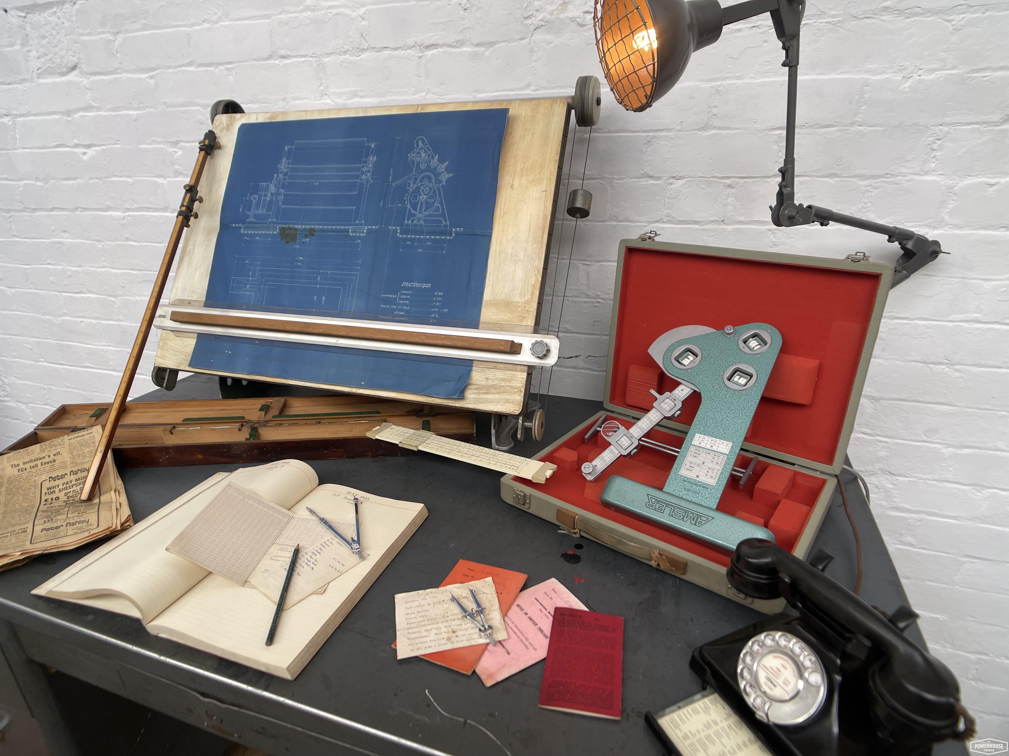Powerhouse props prop hire rental vintage industrial drawing equipment draftsman technical blueprint desk setup