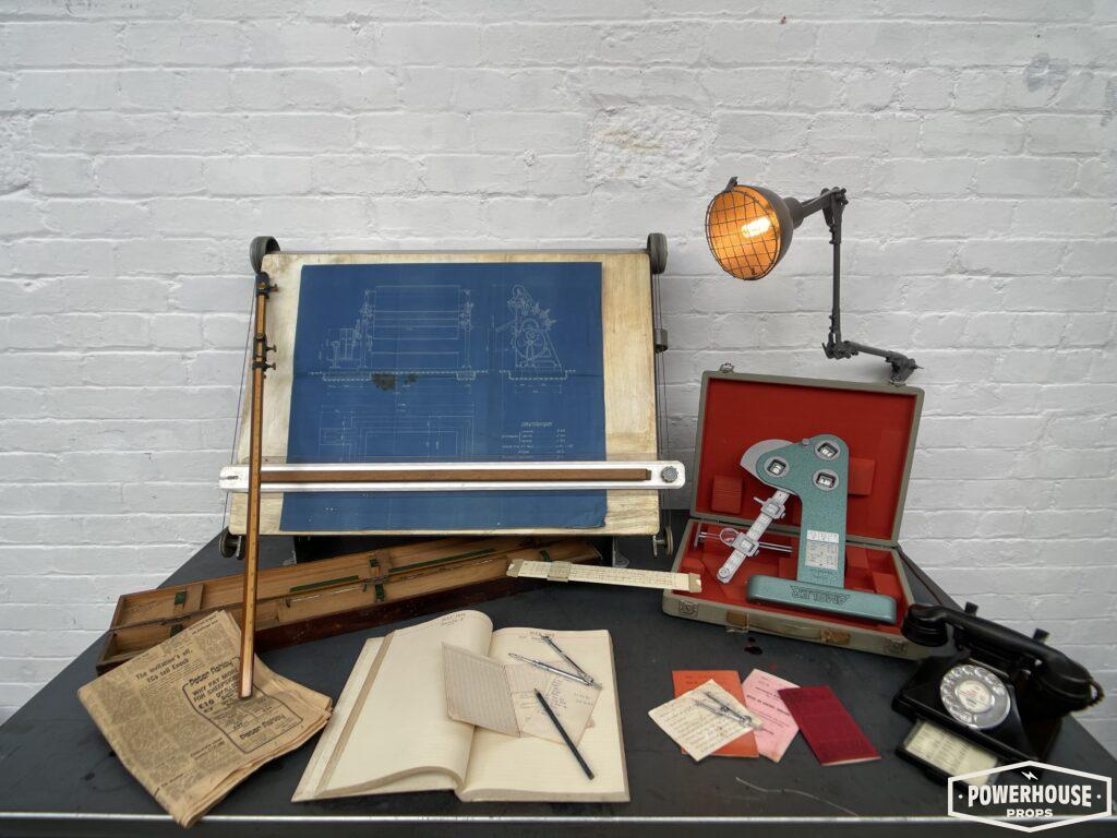 Powerhouse props vintage industrial drawing equipment draftsman technical blueprint desk setup