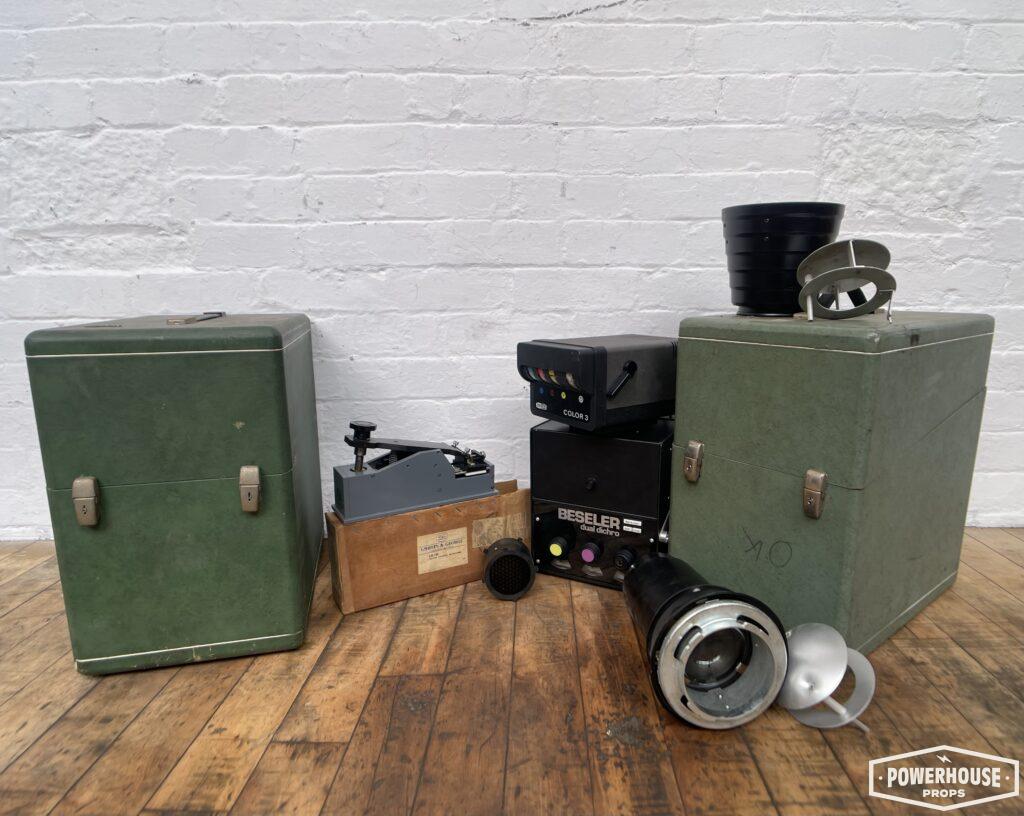 Powerhouse props vintage projection optical equipment electrical parts boxes storage