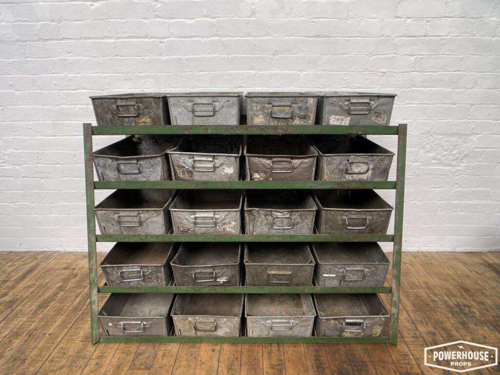 Powerhouse props prop hire rental industrial tin tins rack shelving shelf storage