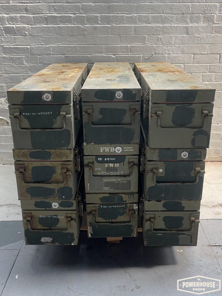 Powerhouse props vintage industrial ammo crates WW2 metal boxes world war two