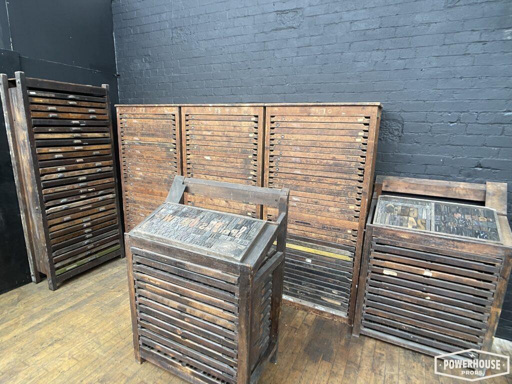 Powerhouse props vintage industrial wood wooden print press drawers letterpress blocks printing trays