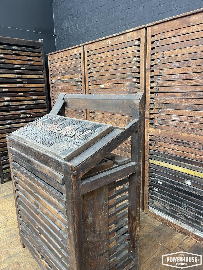 Powerhouse props vintage industrial wood wooden print press drawers letterpress blocks printing trays
