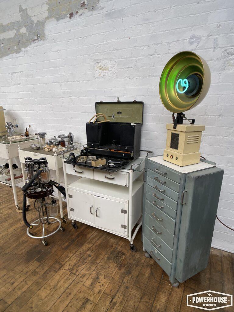 Powerhouse props vintage medical cabinet light anesthesia machine equipment trolley WW2 oxygen