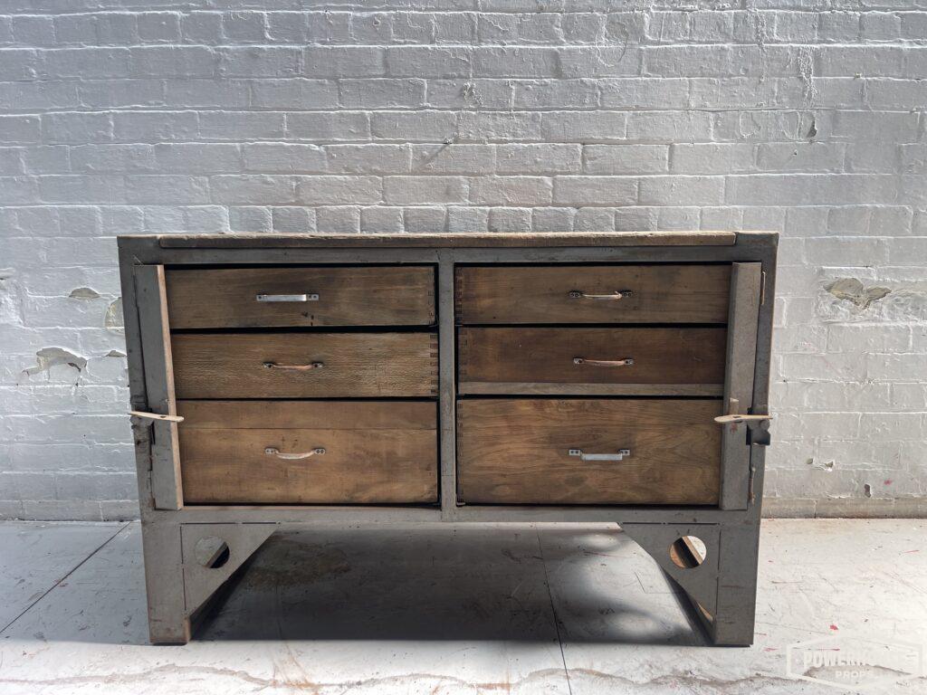 Powerhouse props industrial rental hire movie film desk workbench garage workshop steel wood